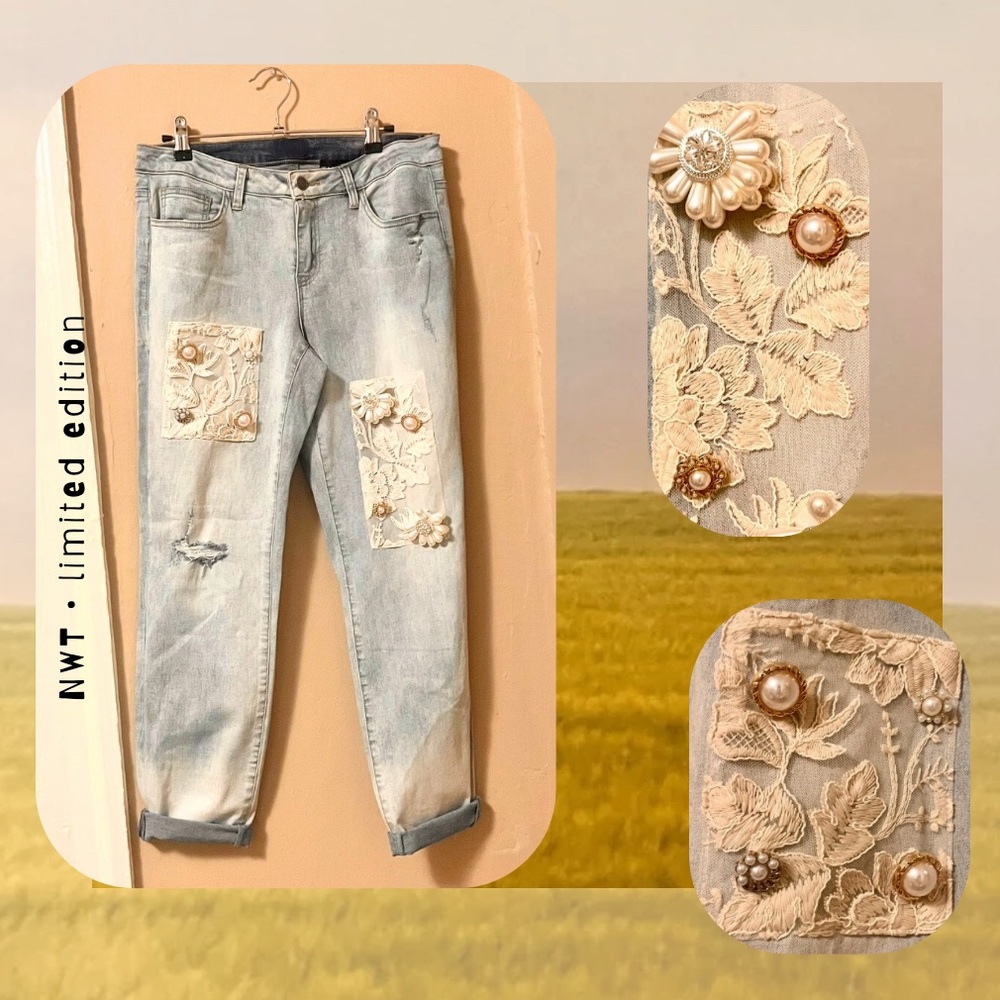 🆕 🎉 embroidered lace, pearls, & embellished flowers light denim jeans